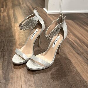 Nina silver heels with jeweled ankle strap. Never worn.
